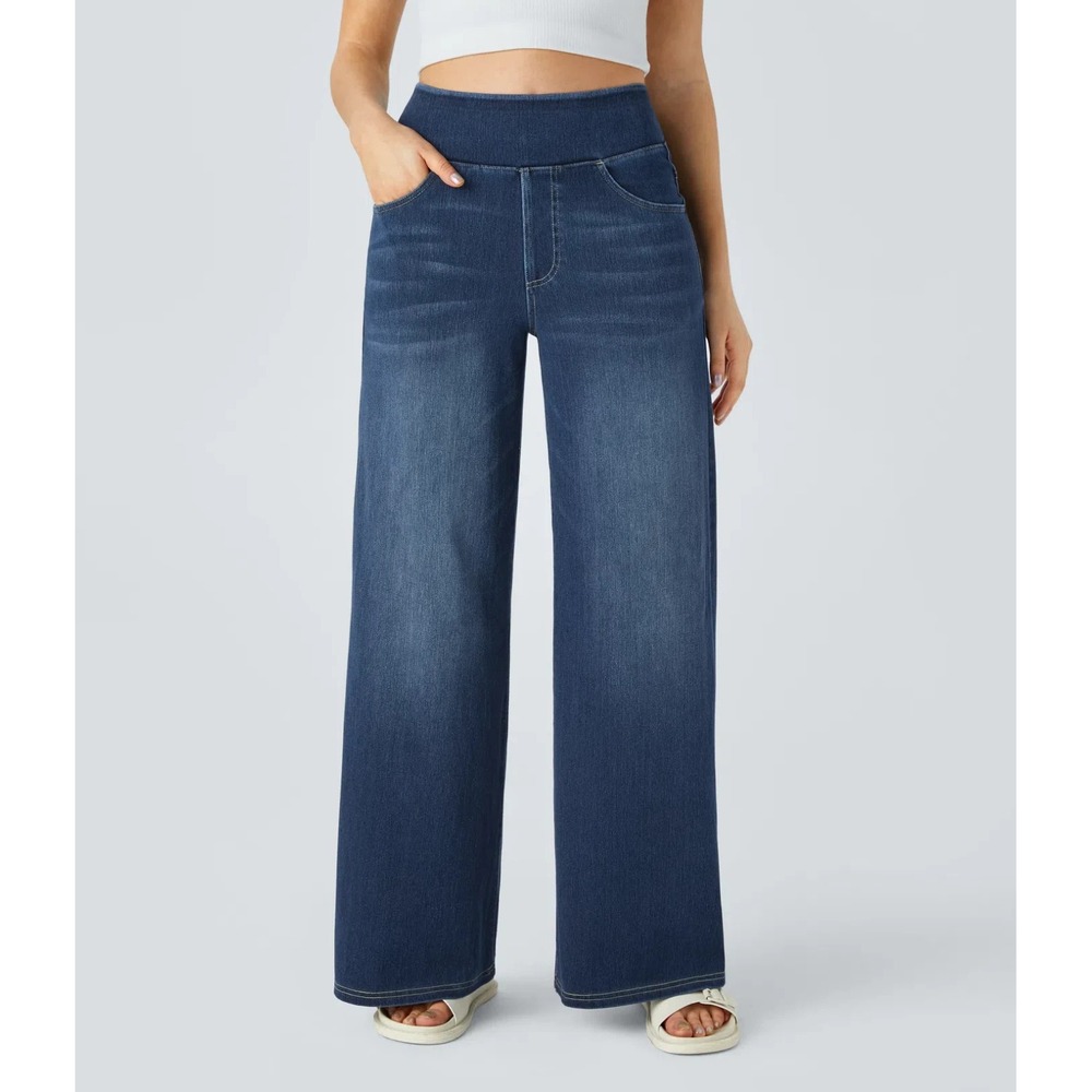 HALARA Wide Leg Pull-On Jeans in Dark Blue